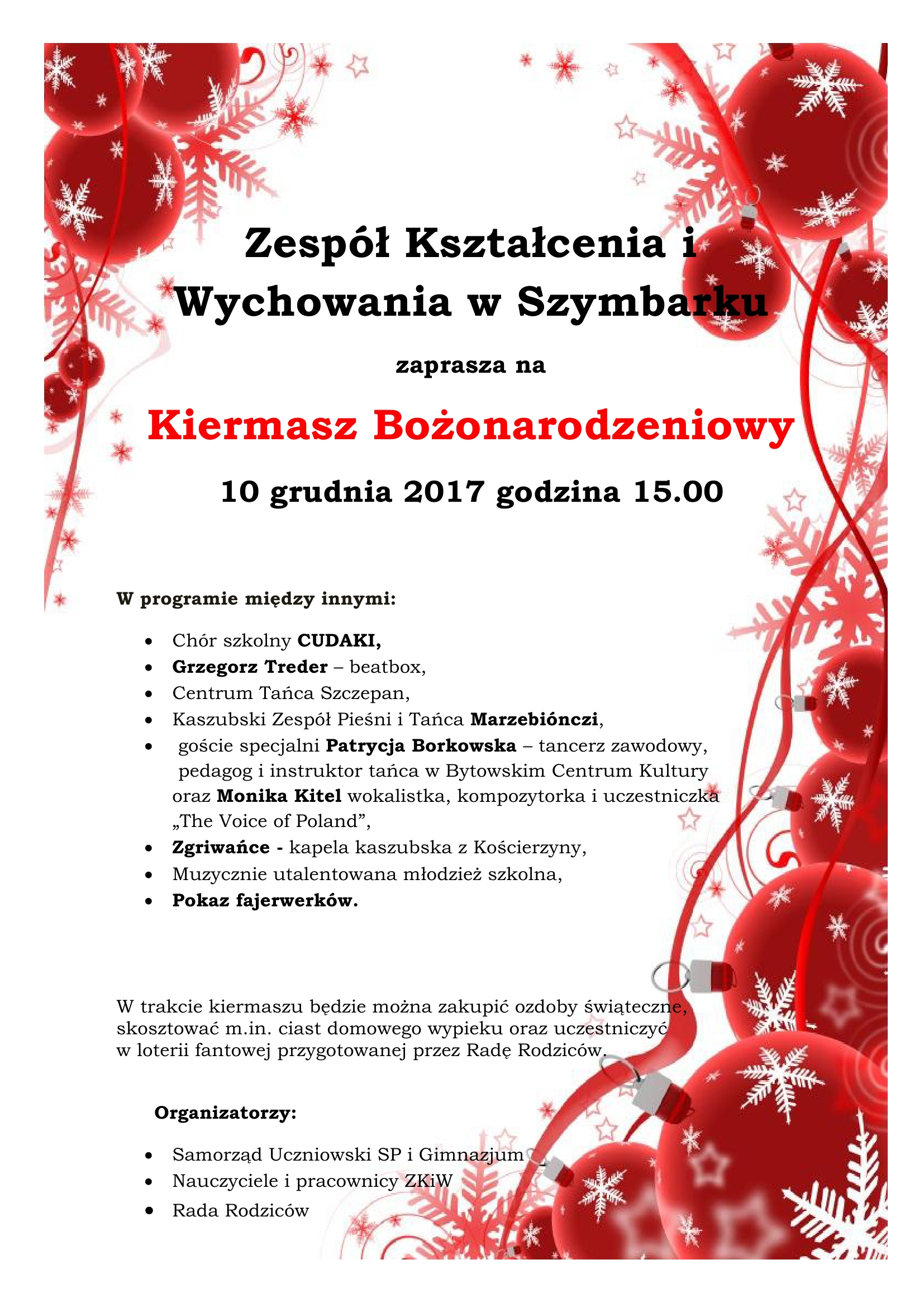Zespół Kształcenia i Wychowania w Szymbarku zaprasza na Kiermasz Bożonarodzeniowy