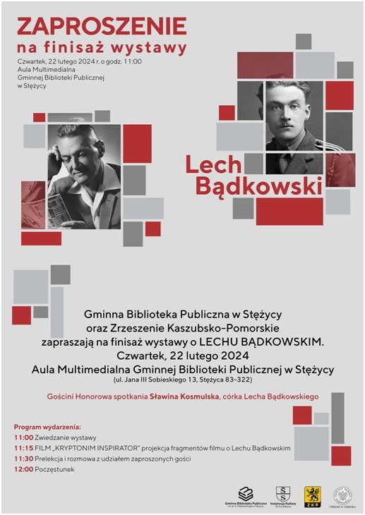 Zaproszenie do Gminnej Biblioteki Publicznej w Stężycy na finisaż wystawy o Lechu Bądkowskim