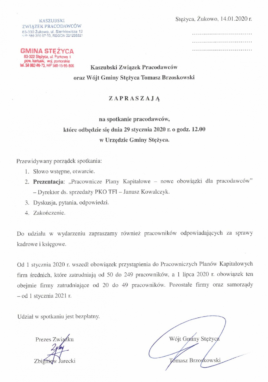 Kaszubski Związek Pracodawców oraz Wójt Gminy Stężyca Tomasz Brzoskowski zapraszają na spotkanie pracodawców
