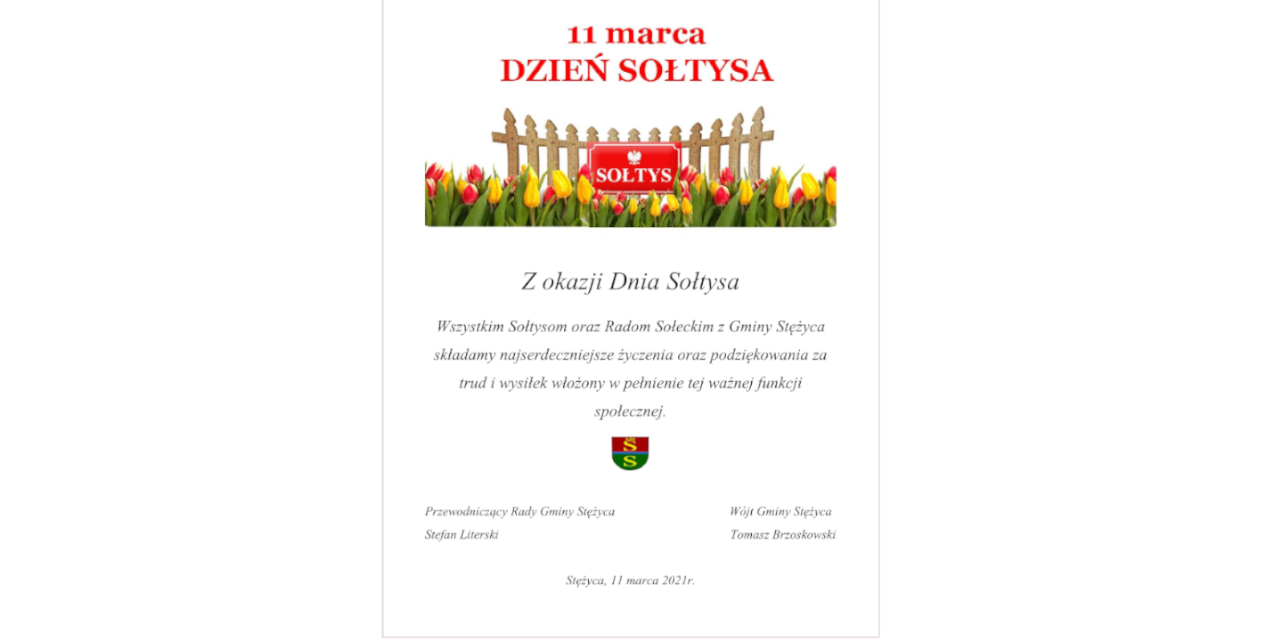 Życzenia z okazji Dnia Sołtysa - 11.03.2021 r.