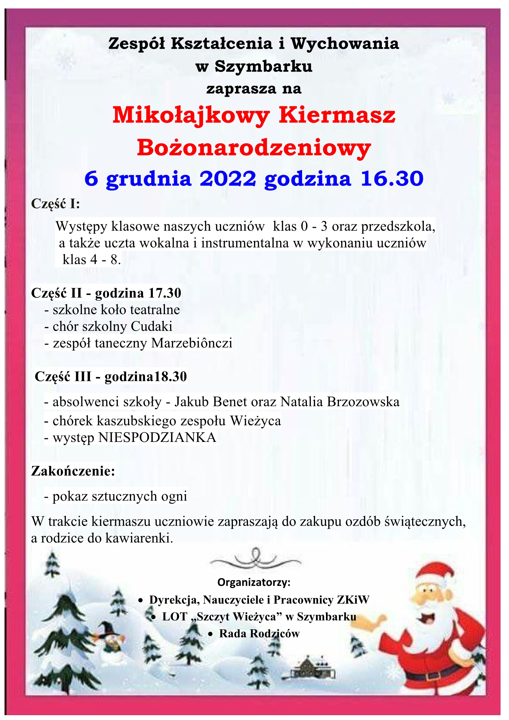 Zespół Kształcenia i Wychowania w Szymbarku zaprasza na Mikołajkowy Kiermasz Bożonarodzeniowy 6 grudnia 2022 godz. 16:30