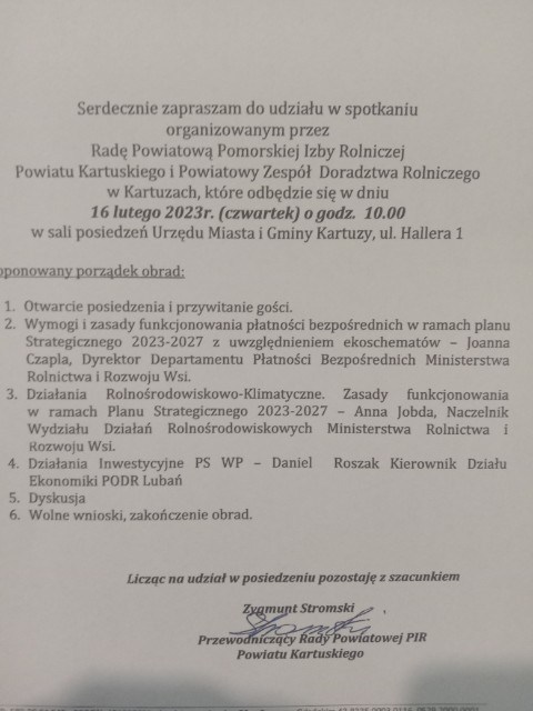 Serdecznie zapraszam do udziału w spotkaniu organizowanym przez Radę Powiatową Pomorskiej Izby Rolniczej Powiatu Kartuskiego i Powiatowy Zespół Doradztwo Rolniczego