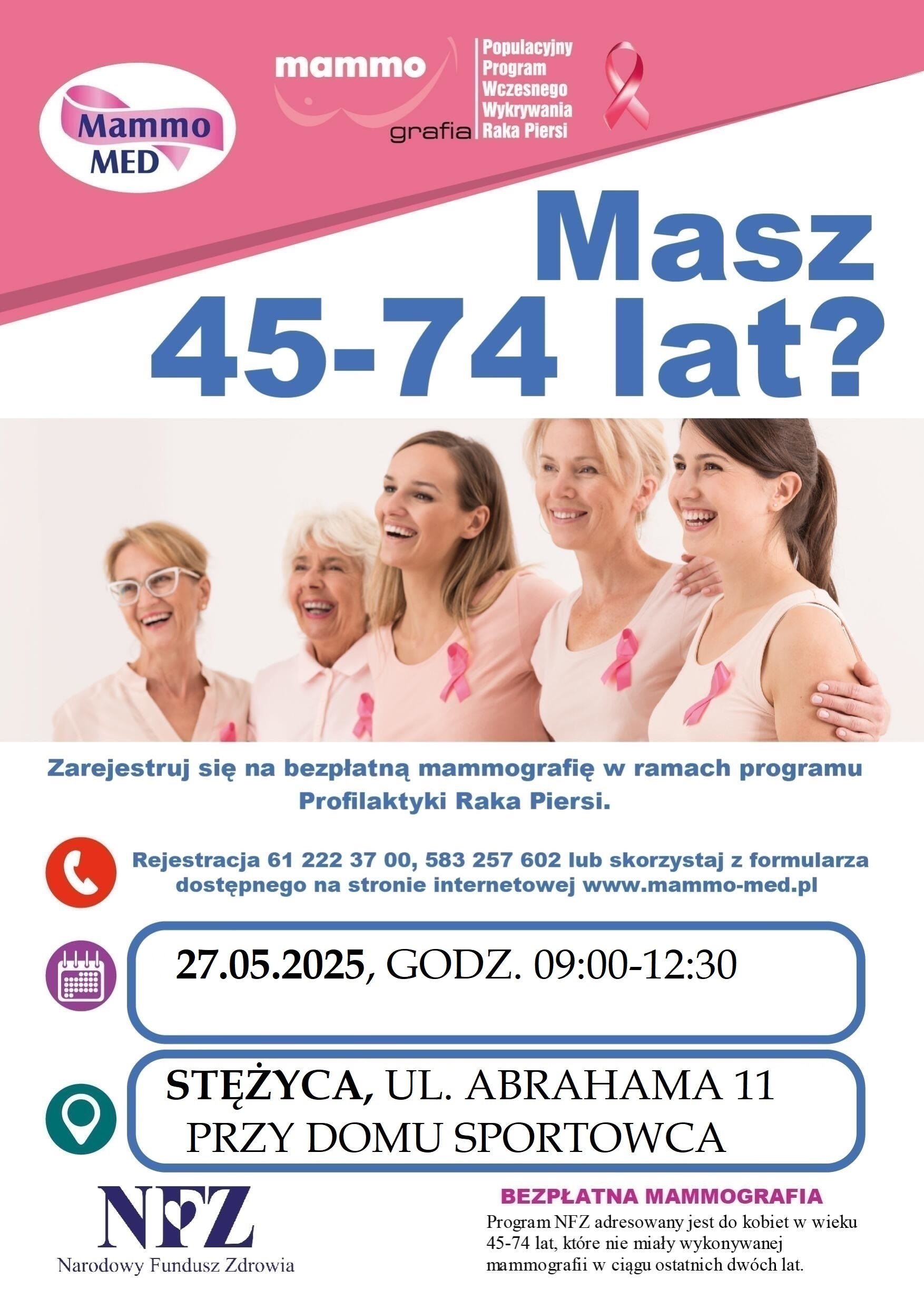 Bezpłatne badania mammograficzne - 27.05.2025 r.