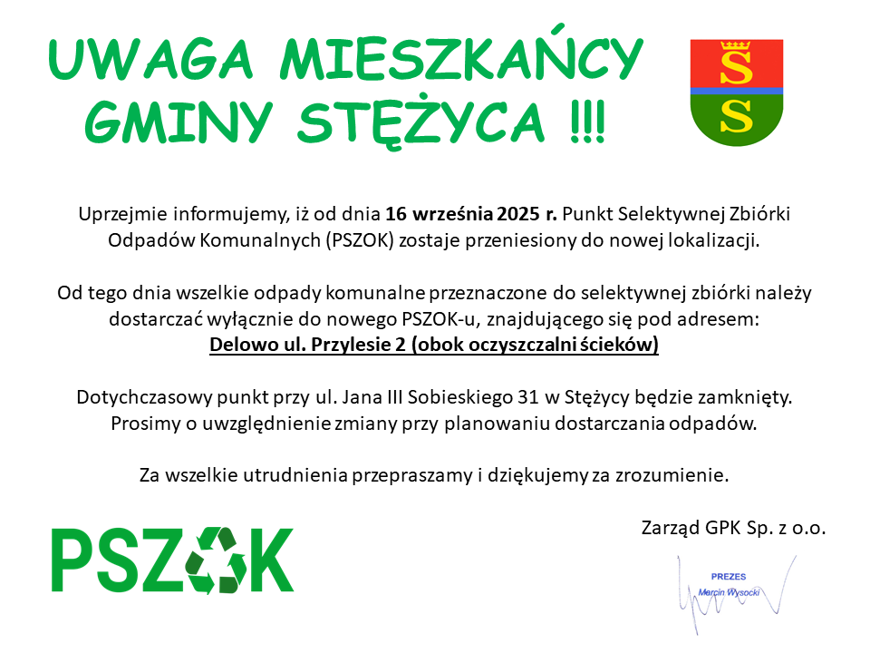 UWAGA MIESZKAŃCY GMINY STĘŻYCA! ♻️