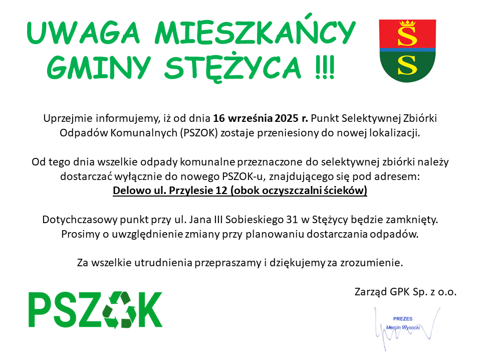 UWAGA MIESZKAŃCY GMINY STĘŻYCA! ♻️