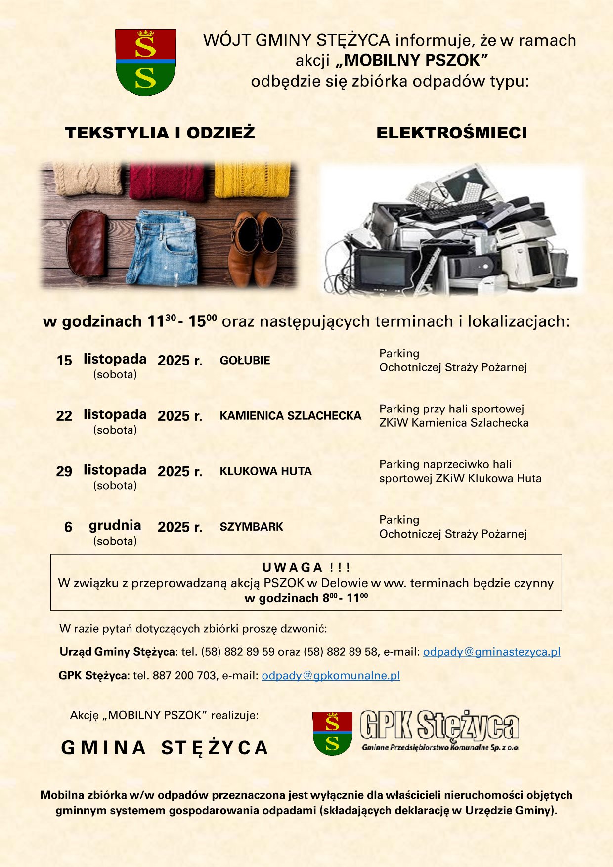 Wójt Gminy Stężyca informuje, że w ramach akcji „MOBILNY PSZOK” odbędzie się zbiórka odpadów typu: tekstylia, odzież i elektrośmieci