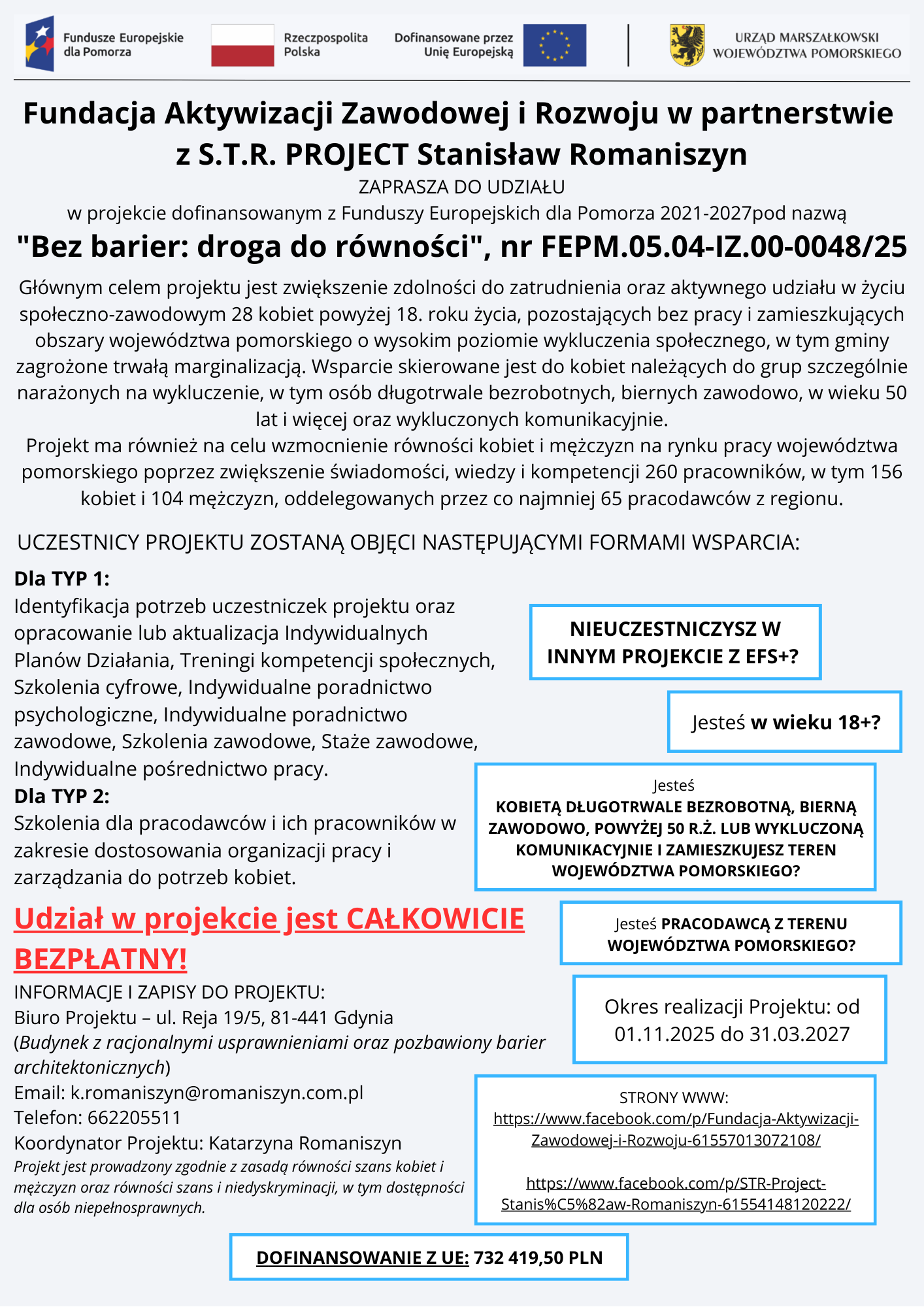 Fundacja Aktywizacji Zawodowej i Rozwoju w partnerstwie z S.T.R. PROJECT Stanisław Romaniszyn zapraszają do udziału w projekcie pt. 