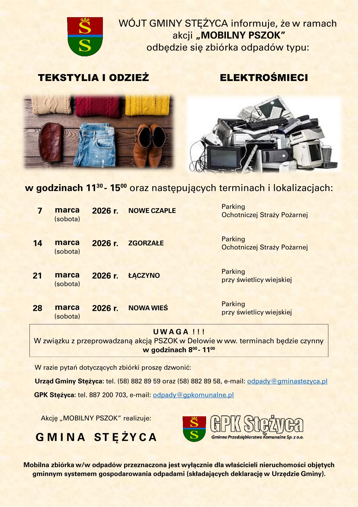 Zbiórka odpadów: tekstylia i sprzęt elektryczny (mobilny PSZOK)