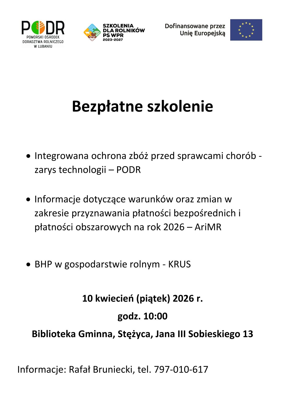 Bezpłatne szkolenie rolnicze – Integrowana ochrona zbóż oraz płatności bezpośrednie 2026